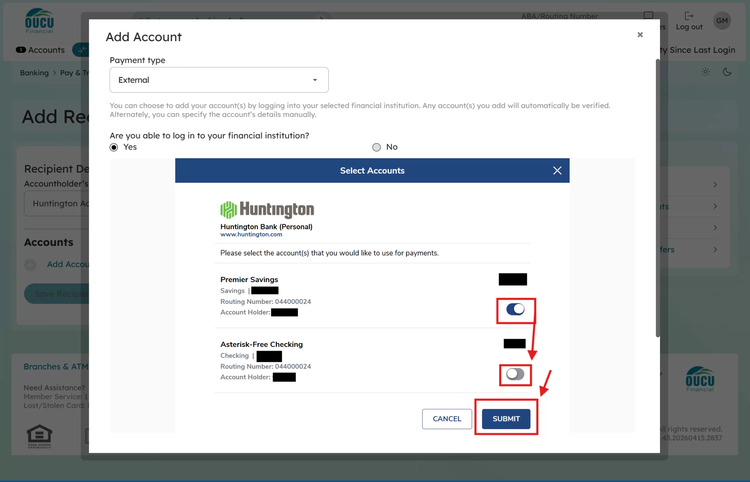 Click the toggle button next to each of the accounts you would like to be visible in the OUCU Financial online banking, then click the “Submit” button.